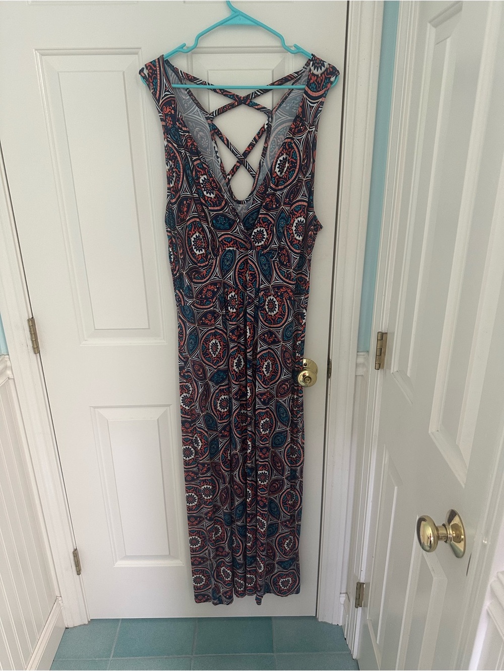 Loveappela Sleeveless V-Neck Patterned Maxi Dress in Navy and Coral 2X